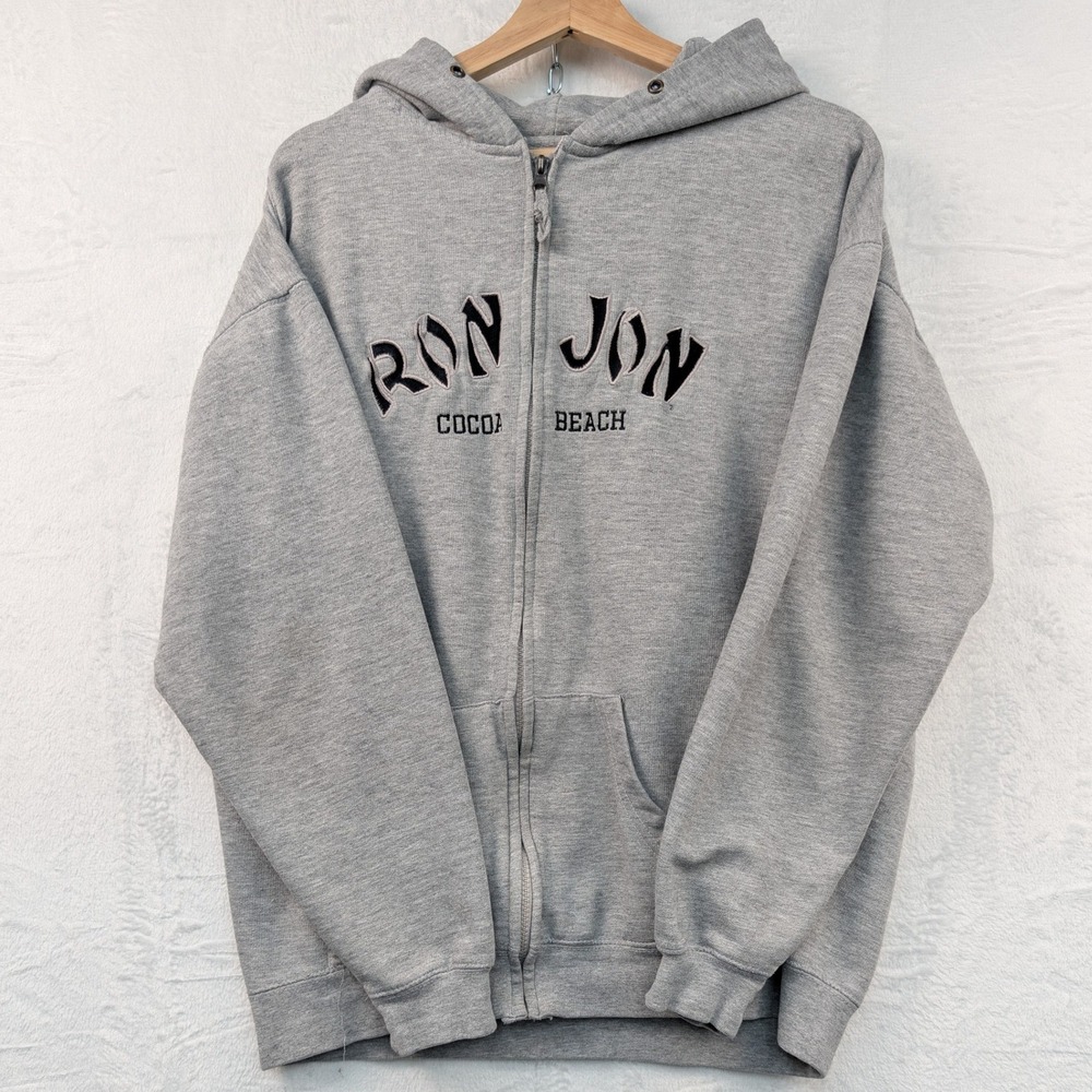 VTG Ron Jon Hoodie Men's XL Gray Cocoa Beach Surf Skate Full Zip Embroidered Y2K